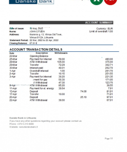 Lithuania Danske bank statement Excel and PDF template