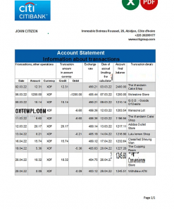 Cote d'Ivoire Citibank bank statement Excel and PDF template