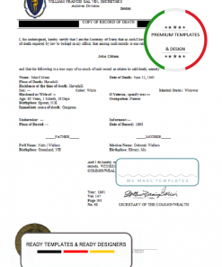 USA Massachussetts Death Certificate statement template in Word and PDF format