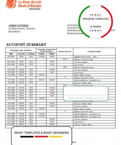 Seychelles Bank of Baroda bank statement template in Word and PDF format
