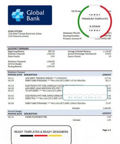 Liberia Global bank statement template in Word and PDF format