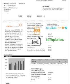 USA Texas Ambit Energy utility bill template in Word and PDF format