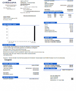 USA Texas City of Corsicana utility bill template in Word and PDF format