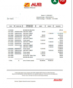Philippines Asia United Bank (AUB) account statement Excel and PDF template
