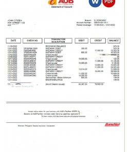 Philippines Asia United Bank (AUB) account statement Word and PDF template