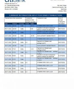 Peru Citibank bank statement easy to fill template in .xls and .pdf file format