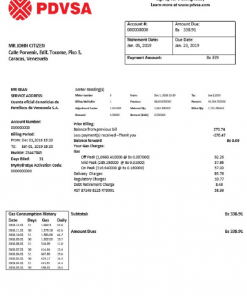 Venezuela PDVSA Gas utility bill template in Word and PDF format