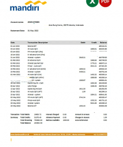 Indonesia Mandiri bank statement Excel and PDF template