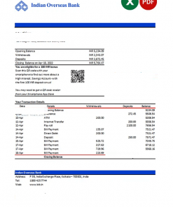 India Indian Overseas Bank statement Excel and PDF template