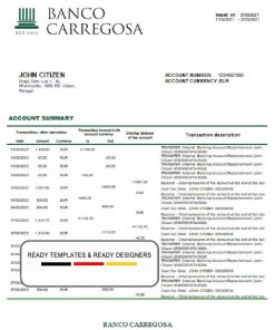 Portugal Banco Carregosa bank statement in Word and PDF format