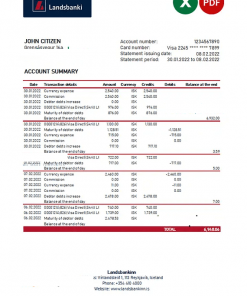 Iceland Landsbankinn bank statement Excel and PDF template