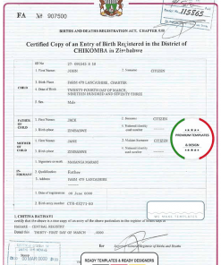 Zimbabwe birth certificate template in PSD format, fully editable