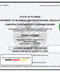 USA Florida Contractor Business license template in Word and PDF format