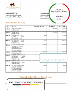 Central African Republic Banque Populaire Maroco Centrafricaine bank statement .xls and .pdf template (AutoSum)