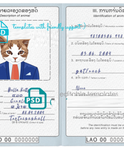 Laos cat (animal, pet) passport PSD template, completely editable