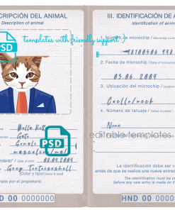 Honduras cat (animal, pet) passport PSD template, fully editable