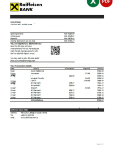 Serbia Raiffeisen bank statement, Excel and PDF template