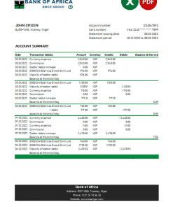 Niger Bank of Africa bank statement Excel and PDF template