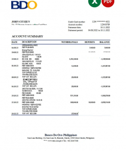 Philippines BDO bank statement Excel and PDF template