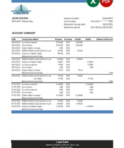 Saint Lucia Loyal bank statement, Excel and PDF template