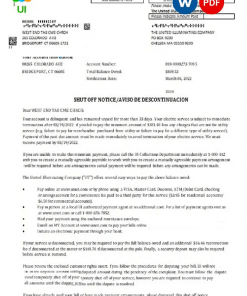 USA Massachusetts Chelsea The United Illuminating Company utility bill shutoff notice, Word and PDF template