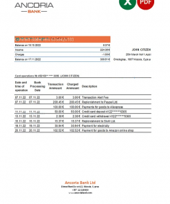 Cyprus Ancoria bank statement Excel and PDF template