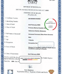 Botswana death certificate template in PSD format, fully editable