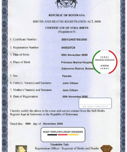 Botswana birth certificate template in PSD format, fully editable