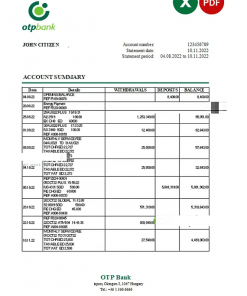 Hungary OTP bank statement Excel and PDF template