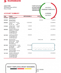 Canada Scotiabank bank statement .xls and .pdf template, completely editable (AutoSum)