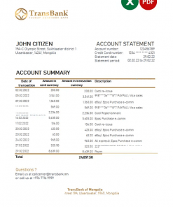 Mongolia Transbank bank statement Excel and PDF template