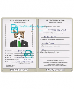 Sweden cat (animal, pet) passport PSD template, completely editable