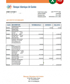 Guinea Banque Islamique de Guinée bank statement Excel and PDF template