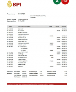 Philippines Bank of the Philippine Islands bank statement Excel and PDF template
