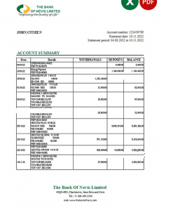 Saint Kitts and Nevis The Bank of Nevis bank statement, Excel and PDF template