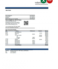 Liechtenstein Valartis bank statement Excel and PDF template