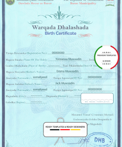 Somalia birth certificate template in PSD format, fully editable