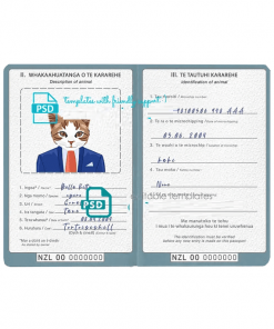 New Zealand cat (animal, pet) passport PSD template, fully editable