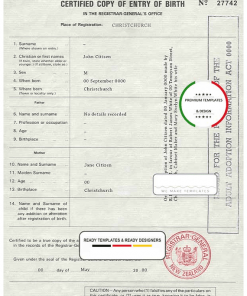 New Zealand birth certificate template in PSD format, fully editable