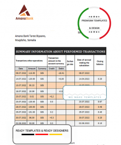 Somalia Amana bank statement template in Word and PDF format