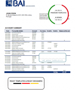 Portugal Banco BAI Europa bank statement template in Word and PDF format