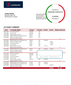 Iceland Landsbanki proof of address bank statement template in Word and PDF format