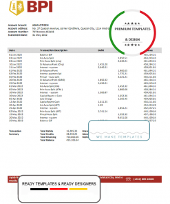 Philippines Bank of the Philippine Islands bank statement template in Word and PDF format
