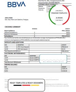 Paraguay BBVA bank statement template in Word and PDF format