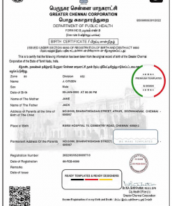 Indian birth certificate template in PSD format, fully editable