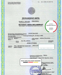 Indonesia birth certificate template in PSD format, fully editable