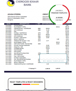 Mongolia Chinggis Khaan bank statement template in Word and PDF format
