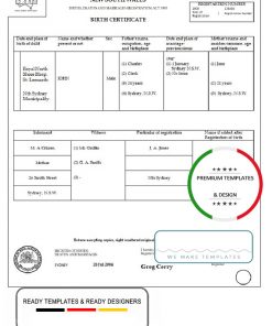 Australia New South Wales birth certificate template in Word format, version 1