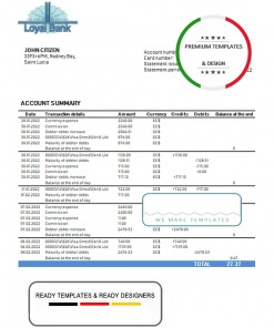 Saint Lucia Loyal Bank bank proof of address statement template in Word and PDF format