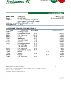 Ecuador Produbanco bank statement Excel and PDF template